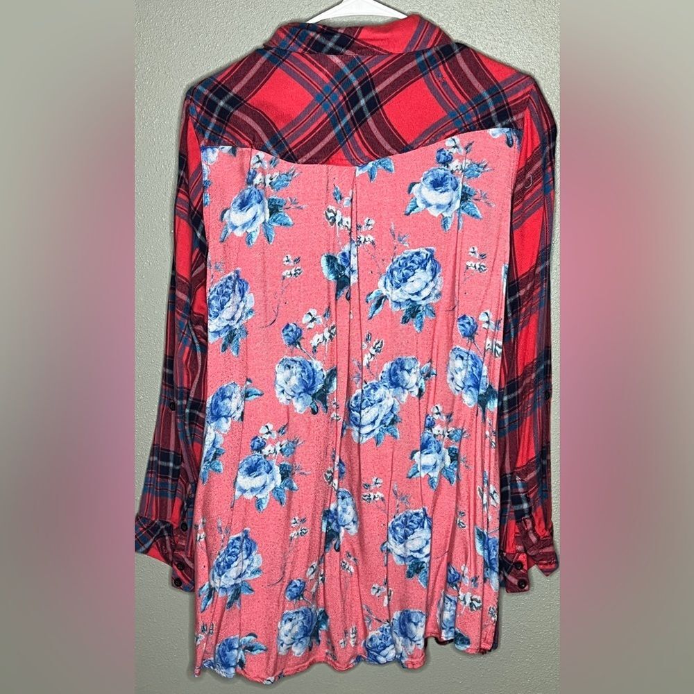 Tolani Collection Red Plaid Floral Boho Upcycle Look Button Up Shirt Tunic XL